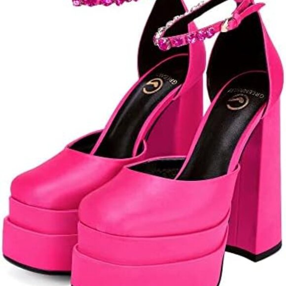 Hot Pink Satin Platform Heels - Picture 1 of 7
